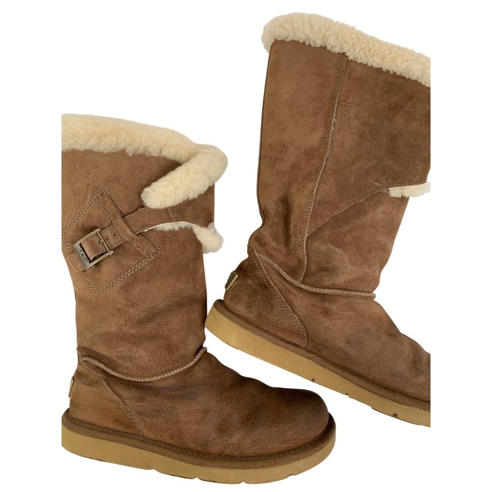 7 UGG Womens Tall Brown Messenger Pocket Shearling Boots Buckle Detail 8587 - Picture 14 of 14